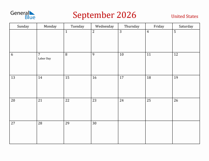 September 2026 United States Monthly Calendar With Holidays