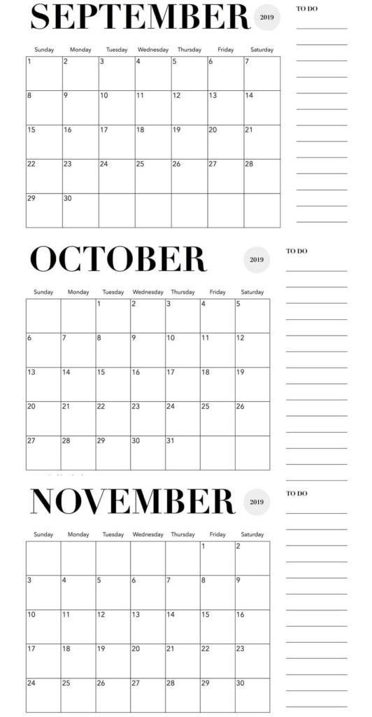 September October November 2019 Calendar With Notes Free Printable 