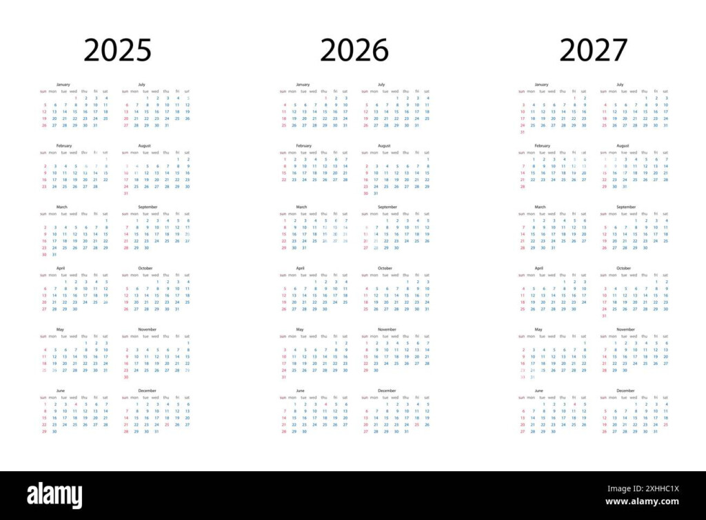 Set Of Calendars 2025 2026 2027 Years Simple Design Template 