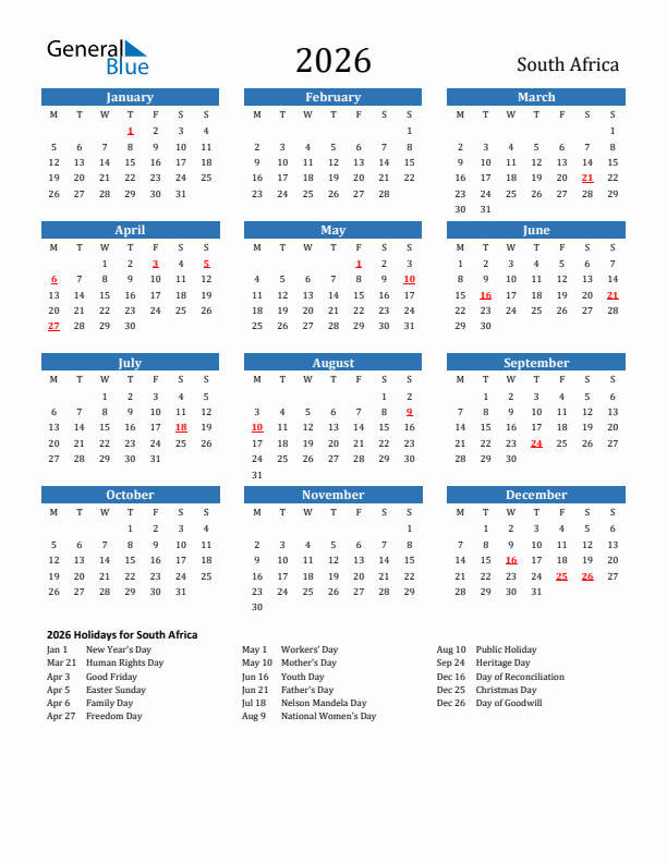 South Africa 2026 Calendar With Holidays
