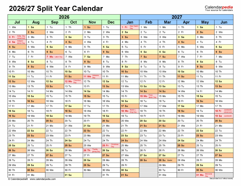Split Year Calendars 2026 2027 July To June Word Templates