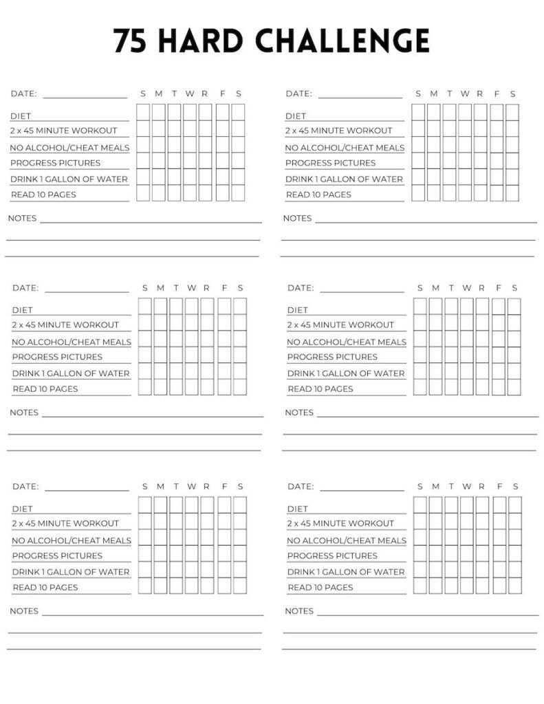 Template 75 Hard Challenge Checklist Printable Free Free